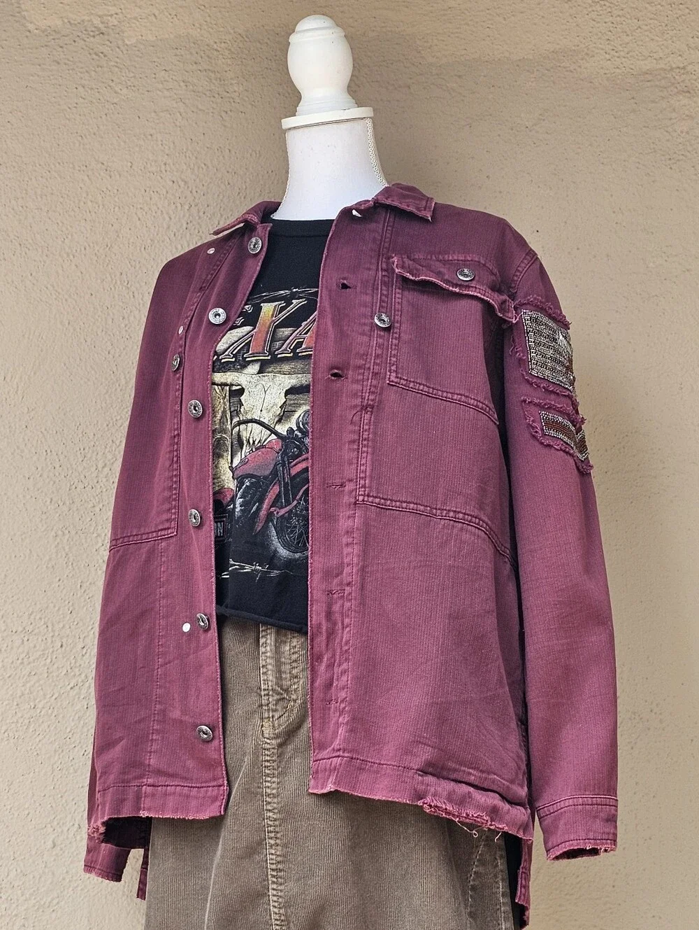 Free People Buttom Down Maroon Shacket W/ Beaded Patch Sz XS